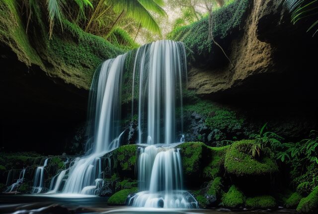 Cascade de Soulou (Grande Comore): A picturesque waterfall surrounded by lush vegetation. Cascade de Soulou (Grande Comore): A picturesque waterfall surrounded by lush vegetation.
