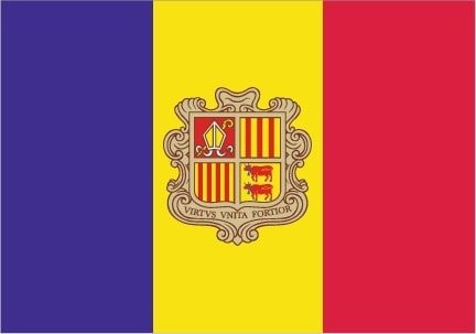 Andorra: three vertical bands of blue (hoist side), yellow, and red, with the national coat of arms centered in the yellow band; the latter band is slightly wider than the other 2 so that the ratio of band widths is 8:9:8; the coat of arms features a quartered shield with the emblems of (starting in the upper left and proceeding clockwise): Urgell, Foix, Bearn, and Catalonia; the motto reads VIRTUS UNITA FORTIOR (Strength United is Stronger); the flag combines the blue and red French colors with the red and yellow of Spain to show Franco-Spanish protection note: similar to the flags of Chad and Romania, which do not have a national coat of arms in the center, and the flag of Moldova, which does bear a national emblem Andorra: three vertical bands of blue (hoist side), yellow, and red, with the national coat of arms centered in the yellow band; the latter band is slightly wider than the other 2 so that the ratio of band widths is 8:9:8; the coat of arms features a quartered shield with the emblems of (starting in the upper left and proceeding clockwise): Urgell, Foix, Bearn, and Catalonia; the motto reads VIRTUS UNITA FORTIOR (Strength United is Stronger); the flag combines the blue and red French colors with the red and yellow of Spain to show Franco-Spanish protection</p>
<p>note: similar to the flags of Chad and Romania, which do not have a national coat of arms in the center, and the flag of Moldova, which does bear a national emblem