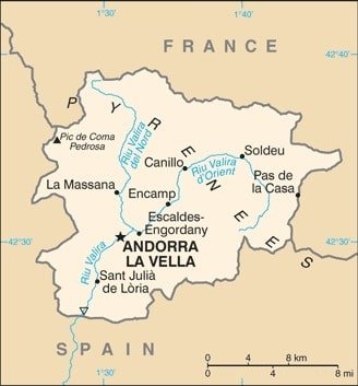 Andorra: Andorra map showing major towns as well as parts of neighboring France and Spain. Andorra: Andorra map showing major towns as well as parts of neighboring France and Spain.