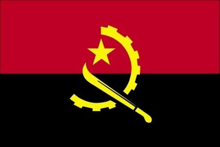 Angola: two equal horizontal bands of red (top) and black with a centered yellow emblem consisting of a five-pointed star within half a cogwheel crossed by a machete (in the style of a hammer and sickle); red represents liberty and black the African continent; the symbols characterize workers and peasants Angola: two equal horizontal bands of red (top) and black with a centered yellow emblem consisting of a five-pointed star within half a cogwheel crossed by a machete (in the style of a hammer and sickle); red represents liberty and black the African continent; the symbols characterize workers and peasants