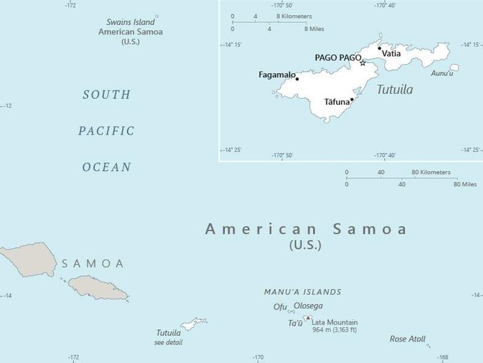 American Samoa: Map of American Samoa showing the islands that together comprise this US territory and its relative location in the South Pacific Ocean; an inset provides detail of the major island of Tutuila with the capital Pago Pago. American Samoa: Map of American Samoa showing the islands that together comprise this US territory and its relative location in the South Pacific Ocean; an inset provides detail of the major island of Tutuila with the capital Pago Pago.