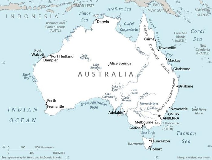 Australia: Australia map showing the major cities of the continent as well parts of surrounding seas. Australia: Australia map showing the major cities of the continent as well parts of surrounding seas.