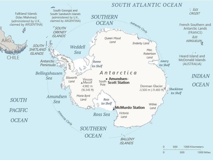 Antarctica: Map of Antarctica showing the continent and its major regions (Lands) surrounded by the Southern Ocean. Also shown are two of the US research stations, McMurdo and Amundsen-Scott, not shown is Palmer Station located on the Antarctic Peninsula. Antarctica: Map of Antarctica showing the continent and its major regions (Lands) surrounded by the Southern Ocean. Also shown are two of the US research stations, McMurdo and Amundsen-Scott, not shown is Palmer Station located on the Antarctic Peninsula.