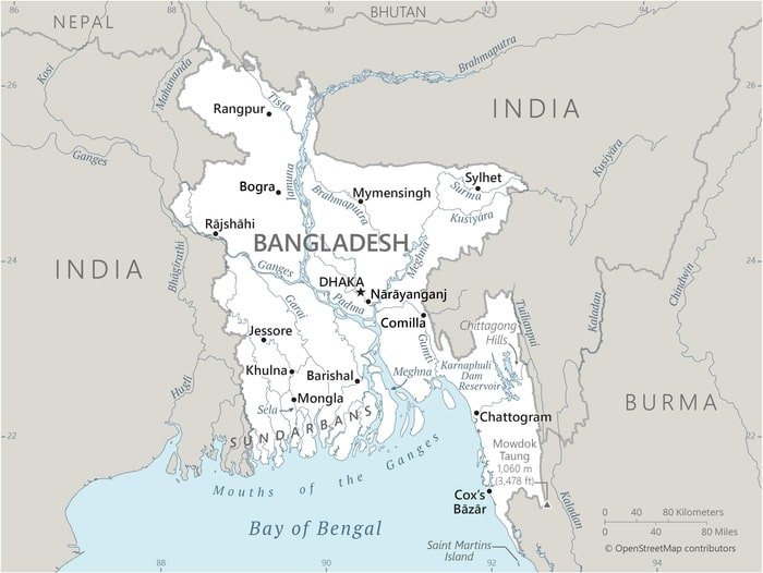 Bangladesh: Bangladesh map showing major cities as well as parts of surrounding countries and the Bay of Bengal. Bangladesh: Bangladesh map showing major cities as well as parts of surrounding countries and the Bay of Bengal.