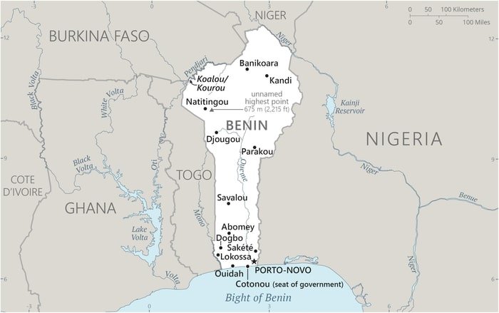 Benin: Benin map showing major cities as well as parts of surrounding countries and the Bight of Benin. Benin: Benin map showing major cities as well as parts of surrounding countries and the Bight of Benin.