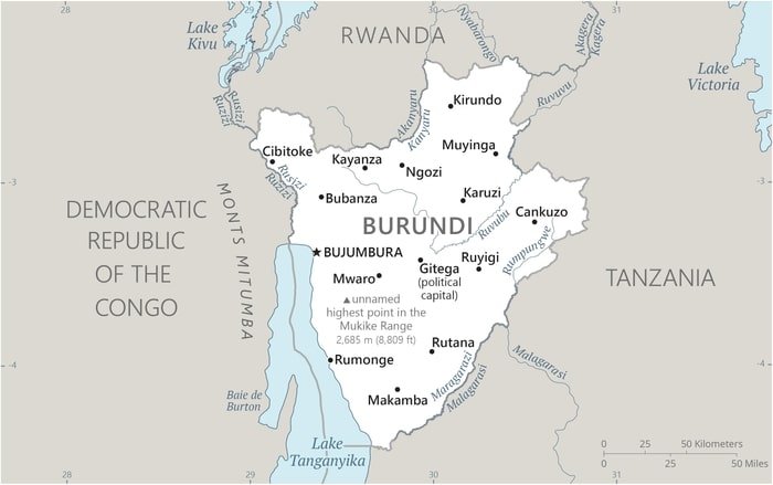 Burundi: Burundi map showing major cities as well as parts of surrounding countries. Burundi: Burundi map showing major cities as well as parts of surrounding countries.