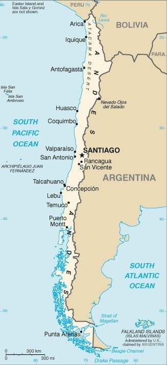 Chile: Chile map showing major cities as well as parts of surrounding countries and the South Pacific Ocean. Chile: Chile map showing major cities as well as parts of surrounding countries and the South Pacific Ocean.