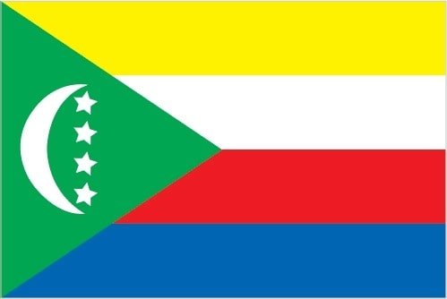 Comoros: four equal horizontal bands of yellow (top), white, red, and blue, with a green isosceles triangle based on the hoist; centered within the triangle is a vertical white crescent moon with the convex side facing the hoist and four white, five-pointed stars placed vertically in a line between the points of the crescent; the horizontal bands and the four stars represent the four main islands of the archipelago - Mwali, N'gazidja, Ndzuwani, and Mahore (Mayotte - department of France, but claimed by Comoros), note: the crescent, stars, and color green are traditional symbols of Islam Comoros: four equal horizontal bands of yellow (top), white, red, and blue, with a green isosceles triangle based on the hoist; centered within the triangle is a vertical white crescent moon with the convex side facing the hoist and four white, five-pointed stars placed vertically in a line between the points of the crescent; the horizontal bands and the four stars represent the four main islands of the archipelago - Mwali, N'gazidja, Ndzuwani, and Mahore (Mayotte - department of France, but claimed by Comoros), note: the crescent, stars, and color green are traditional symbols of Islam