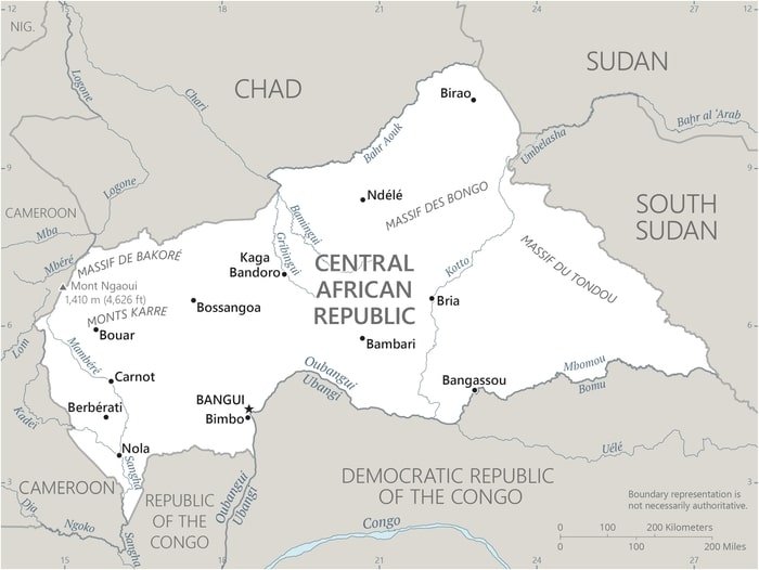 Central African Republic: Central African Republic map showing major cities as well as parts of surrounding countries. Central African Republic: Central African Republic map showing major cities as well as parts of surrounding countries.
