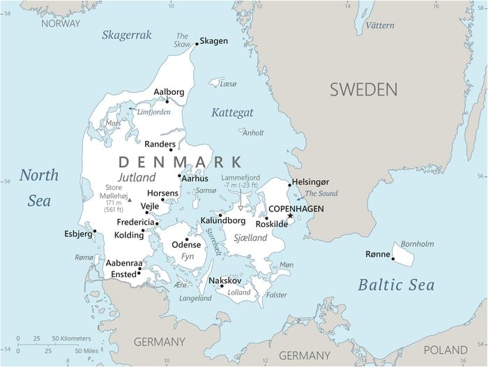 Denmark map showing major cities and the country in relation to neighboring countries and water bodies. Denmark map showing major cities and the country in relation to neighboring countries and water bodies.