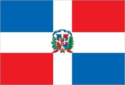 Dominican Republic: a centered white cross that extends to the edges divides the flag into four rectangles - the top ones are ultramarine blue (hoist side) and vermilion red, and the bottom ones are vermilion red (hoist side) and ultramarine blue; a small coat of arms featuring a shield supported by a laurel branch (left) and a palm branch (right) is at the center of the cross; above the shield a blue ribbon displays the motto, DIOS, PATRIA, LIBERTAD (God, Fatherland, Liberty), and below the shield, REPUBLICA DOMINICANA appears on a red ribbon; in the shield a bible is opened to a verse that reads "Y la verdad nos hara libre" (And the truth shall set you free); blue stands for liberty, white for salvation, and red for the blood of heroes Dominican Republic: a centered white cross that extends to the edges divides the flag into four rectangles - the top ones are ultramarine blue (hoist side) and vermilion red, and the bottom ones are vermilion red (hoist side) and ultramarine blue; a small coat of arms featuring a shield supported by a laurel branch (left) and a palm branch (right) is at the center of the cross; above the shield a blue ribbon displays the motto, DIOS, PATRIA, LIBERTAD (God, Fatherland, Liberty), and below the shield, REPUBLICA DOMINICANA appears on a red ribbon; in the shield a bible is opened to a verse that reads "Y la verdad nos hara libre" (And the truth shall set you free); blue stands for liberty, white for salvation, and red for the blood of heroes