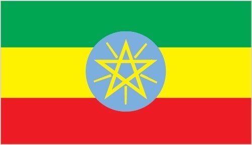 Ethiopia: three equal horizontal bands of green (top), yellow, and red, with a yellow pentagram and single yellow rays emanating from the angles between the points on a light blue disk centered on the three bands; green represents hope and the fertility of the land, yellow symbolizes justice and harmony, while red stands for sacrifice and heroism in the defense of the land; the blue of the disk symbolizes peace and the pentagram represents the unity and equality of the nationalities and peoples of Ethiopia, note: Ethiopia is the oldest independent country in Africa, and the three main colors of her flag (adopted ca. 1895) were so often appropriated by other African countries upon independence that they became known as the Pan-African colors; the emblem in the center of the current flag was added in 1996 Ethiopia: three equal horizontal bands of green (top), yellow, and red, with a yellow pentagram and single yellow rays emanating from the angles between the points on a light blue disk centered on the three bands; green represents hope and the fertility of the land, yellow symbolizes justice and harmony, while red stands for sacrifice and heroism in the defense of the land; the blue of the disk symbolizes peace and the pentagram represents the unity and equality of the nationalities and peoples of Ethiopia, note: Ethiopia is the oldest independent country in Africa, and the three main colors of her flag (adopted ca. 1895) were so often appropriated by other African countries upon independence that they became known as the Pan-African colors; the emblem in the center of the current flag was added in 1996<br />