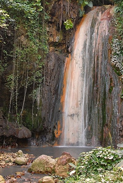 Diamond Falls - in Diamond Botanical Gardens - is colored by its mineral-laced waters Diamond Falls - in Diamond Botanical Gardens - is colored by its mineral-laced waters