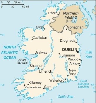 Ireland: Ireland map showing major cities and the island’s setting in the North Atlantic Ocean. Ireland: Ireland map showing major cities and the island’s setting in the North Atlantic Ocean.