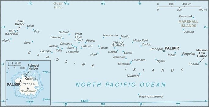 Micronesia, Federated States of: Federated States of Micronesia map showing the major islands of this archipelagic country in the North Pacific Ocean. Micronesia, Federated States of: Federated States of Micronesia map showing the major islands of this archipelagic country in the North Pacific Ocean.