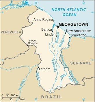 Guyana: Guyana map showing major population centers as well as parts of surrounding countries and the North Atlantic Ocean. Guyana: Guyana map showing major population centers as well as parts of surrounding countries and the North Atlantic Ocean.