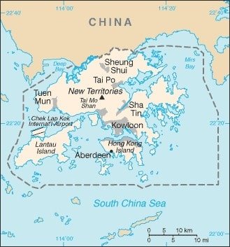 Hong Kong: Hong Kong map showing major districts of this special administrative region of China that extends into the South China Sea. Hong Kong: Hong Kong map showing major districts of this special administrative region of China that extends into the South China Sea.
