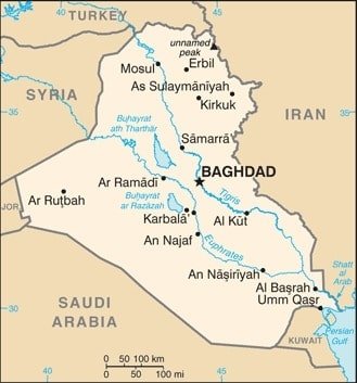Iraq: Iraq map showing major cities as well as parts of surrounding countries and the Persian Gulf. Iraq: Iraq map showing major cities as well as parts of surrounding countries and the Persian Gulf.