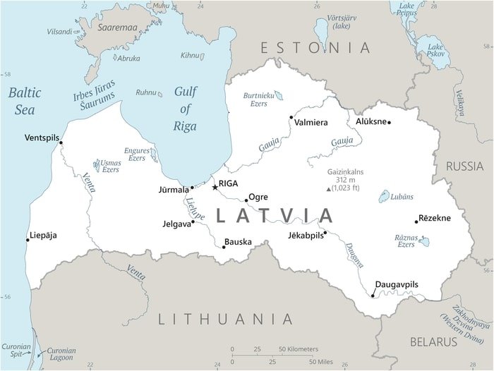 Latvia: Latvia map showing major population centers as well as parts of surrounding countries and the Baltic Sea. Latvia: Latvia map showing major population centers as well as parts of surrounding countries and the Baltic Sea.population centers as well as parts of surrounding countries and the Baltic Sea.