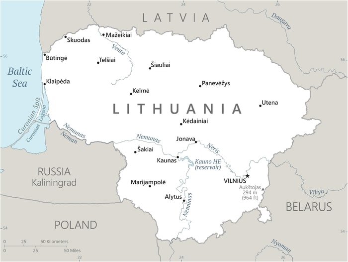 Lithuania: Lithuania map showing major cities as well as parts of surrounding countries and the Baltic Sea. Lithuania: Lithuania map showing major cities as well as parts of surrounding countries and the Baltic Sea.
