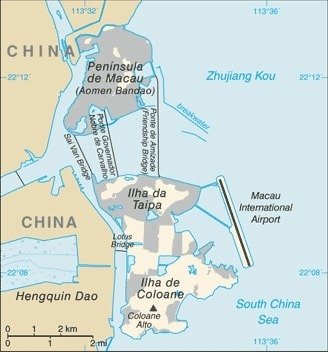 Macau: Macau map showing major districts of this special administrative region of China that extends into the South China Sea. Macau: Macau map showing major districts of this special administrative region of China that extends into the South China Sea.