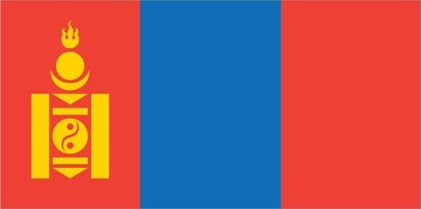Mongolia: three, equal vertical bands of red (hoist side), blue, and red; centered on the hoist-side red band in yellow is the national emblem ("soyombo" - a columnar arrangement of abstract and geometric representation for fire, sun, moon, earth, water, and the yin-yang symbol); blue represents the sky, red symbolizes progress and prosperity Mongolia: three, equal vertical bands of red (hoist side), blue, and red; centered on the hoist-side red band in yellow is the national emblem ("soyombo" - a columnar arrangement of abstract and geometric representation for fire, sun, moon, earth, water, and the yin-yang symbol); blue represents the sky, red symbolizes progress and prosperity<br />