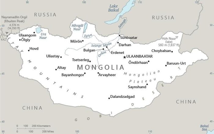 Mongolia: Mongolia map showing major population centers as well as parts of surrounding countries – Russia to the north and China to the south. Mongolia: Mongolia map showing major population centers as well as parts of surrounding countries – Russia to the north and China to the south.