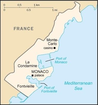 Monaco: Monaco map identifies some of the major sites of the microstate surrounded by France and the Mediterranean Sea. Monaco: Monaco map identifies some of the major sites of the microstate surrounded by France and the Mediterranean Sea.