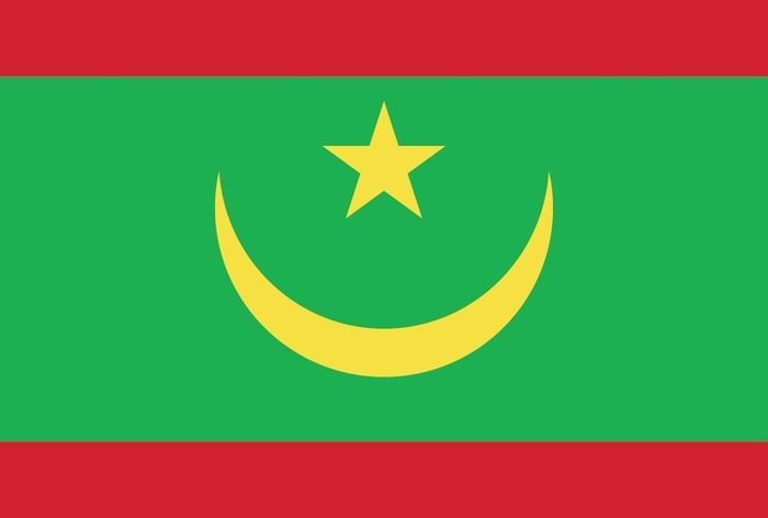 Mauritania: green with a yellow, five-pointed star between the horns of a yellow, upward-pointing crescent moon; red stripes along the top and bottom edges; the crescent, star, and color green are traditional symbols of Islam; green also represents hope for a bright future; the yellow color stands for the sands of the Sahara; red symbolizes the blood shed in the struggle for independence Mauritania: green with a yellow, five-pointed star between the horns of a yellow, upward-pointing crescent moon; red stripes along the top and bottom edges; the crescent, star, and color green are traditional symbols of Islam; green also represents hope for a bright future; the yellow color stands for the sands of the Sahara; red symbolizes the blood shed in the struggle for independence