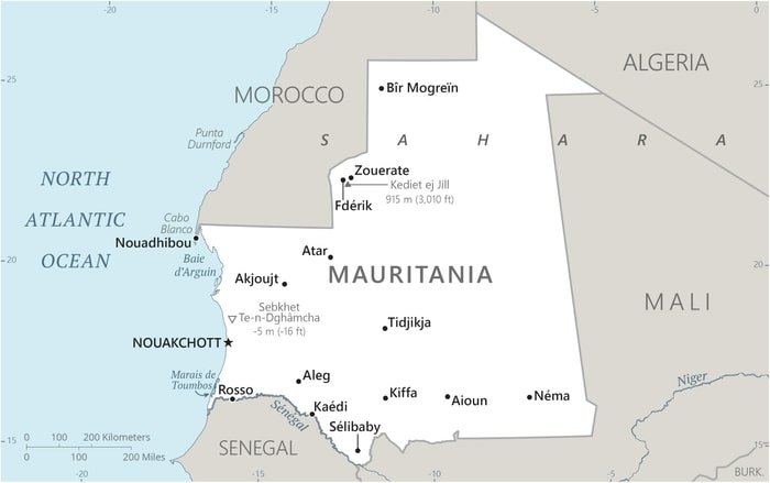 Mauritania: Mauritania map showing major population centers as well as parts of surrounding countries and the North Atlantic Ocean. Mauritania: Mauritania map showing major population centers as well as parts of surrounding countries and the North Atlantic Ocean.