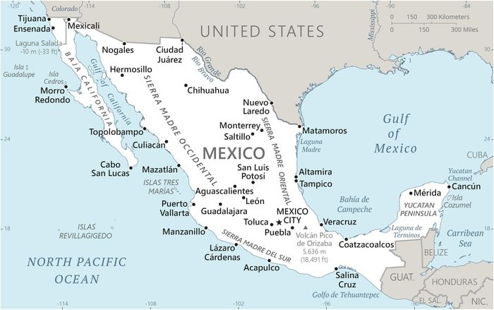Mexico: Mexico map showing major cities as well as parts of surrounding countries and bodies of water. Mexico: Mexico map showing major cities as well as parts of surrounding countries and bodies of water.