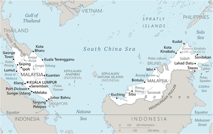 Malaysia: Malaysia map showing the major cities of the two main parts of the country along the South China Sea. Malaysia: Malaysia map showing the major cities of the two main parts of the country along the South China Sea.