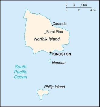 Norfolk Island: Norfolk Island map shows a few population centers on this island in the South Pacific Ocean. Norfolk Island: Norfolk Island map shows a few population centers on this island in the South Pacific Ocean.
