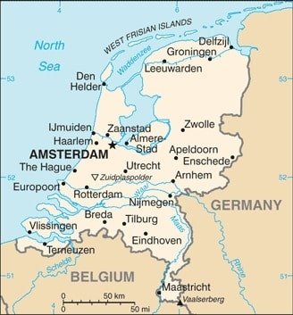 Netherlands: Netherlands map showing major cities as well as parts of surrounding countries and the North Sea. Netherlands: Netherlands map showing major cities as well as parts of surrounding countries and the North Sea.