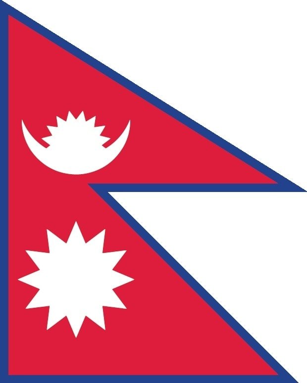 Nepal: crimson red with a blue border around the unique shape of two overlapping right triangles; the smaller, upper triangle bears a white stylized moon and the larger, lower triangle displays a white 12-pointed sun; the color red represents the rhododendron (Nepal's national flower) and is a sign of victory and bravery, the blue border signifies peace and harmony; the two right triangles are a combination of two single pennons (pennants) that originally symbolized the Himalaya Mountains while their charges represented the families of the king (upper) and the prime minister, but today they are understood to denote Hinduism and Buddhism, the country's two main religions; the moon represents the serenity of the Nepalese people and the shade and cool weather in the Himalayas, while the sun depicts the heat and higher temperatures of the lower parts of Nepal; the moon and the sun are also said to express the hope that the nation will endure as long as these heavenly bodies note: Nepal is the only country in the world whose flag is not rectangular or square Nepal: crimson red with a blue border around the unique shape of two overlapping right triangles; the smaller, upper triangle bears a white stylized moon and the larger, lower triangle displays a white 12-pointed sun; the color red represents the rhododendron (Nepal's national flower) and is a sign of victory and bravery, the blue border signifies peace and harmony; the two right triangles are a combination of two single pennons (pennants) that originally symbolized the Himalaya Mountains while their charges represented the families of the king (upper) and the prime minister, but today they are understood to denote Hinduism and Buddhism, the country's two main religions; the moon represents the serenity of the Nepalese people and the shade and cool weather in the Himalayas, while the sun depicts the heat and higher temperatures of the lower parts of Nepal; the moon and the sun are also said to express the hope that the nation will endure as long as these heavenly bodies note: Nepal is the only country in the world whose flag is not rectangular or square