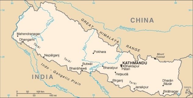 Nepal: Nepal map showing major population centers as well as parts of surrounding countries – China to the north, India to the south. Nepal: Nepal map showing major population centers as well as parts of surrounding countries – China to the north, India to the south.