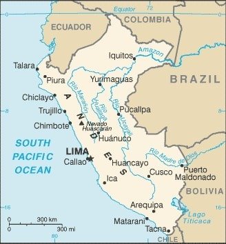 Peru: Peru map showing major cities as well as parts of surrounding countries and the South Pacific Ocean. Peru: Peru map showing major cities as well as parts of surrounding countries and the South Pacific Ocean.
