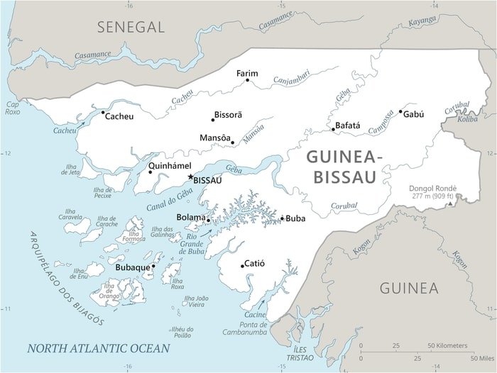 Guinea-Bissau: Guinea-Bissau map showing major cities as well as parts of surrounding countries and the North Atlantic Ocean. Guinea-Bissau: Guinea-Bissau map showing major cities as well as parts of surrounding countries and the North Atlantic Ocean.