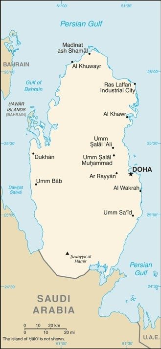 Qatar: Qatar map showing major population centers and neighboring countries of this peninsular country that extends into the Persian Gulf. Qatar: Qatar map showing major population centers and neighboring countries of this peninsular country that extends into the Persian Gulf.