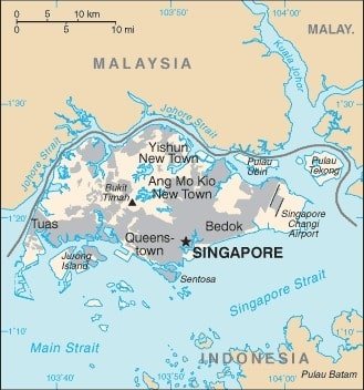 Singapore: Singapore map showing major districts of this city-state surrounded by Malaysia and the Singapore Strait. Singapore: Singapore map showing major districts of this city-state surrounded by Malaysia and the Singapore Strait.