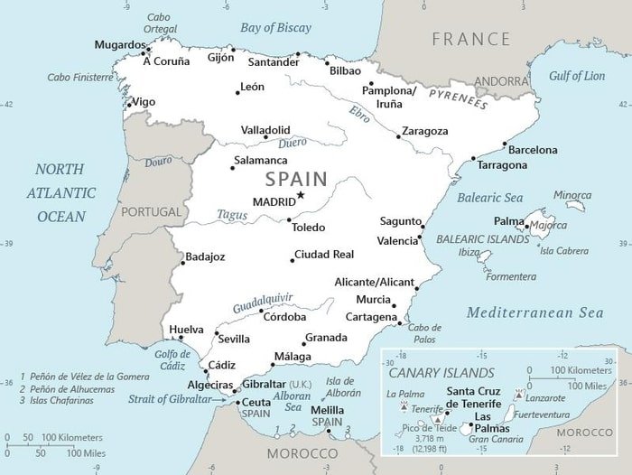 Spain: Spain map showing major population centers as well as parts of surrounding countries and the Mediterranean Sea and Bay of Biscay Spain: Spain map showing major population centers as well as parts of surrounding countries and the Mediterranean Sea and Bay of Biscay