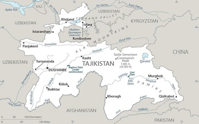 Tajikistan: Tajikistan map showing major population centers as well as parts of surrounding countries. Tajikistan: Tajikistan map showing major population centers as well as parts of surrounding countries.