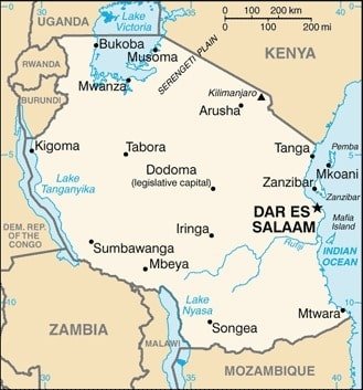 Tanzania: Tanzania map showing major cities as well as parts of surrounding countries and the Indian Ocean. Tanzania: Tanzania map showing major cities as well as parts of surrounding countries and the Indian Ocean.