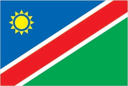 Namibia: a wide red stripe edged by narrow white stripes divides the flag diagonally from lower hoist corner to upper fly corner; the upper hoist-side triangle is blue and charged with a golden-yellow, 12-rayed sunburst; the lower fly-side triangle is green; red signifies the heroism of the people and their determination to build a future of equal opportunity for all; white stands for peace, unity, tranquility, and harmony; blue represents the Namibian sky and the Atlantic Ocean, the country's precious water resources and rain; the golden-yellow sun denotes power and existence; green symbolizes vegetation and agricultural resources Namibia: a wide red stripe edged by narrow white stripes divides the flag diagonally from lower hoist corner to upper fly corner; the upper hoist-side triangle is blue and charged with a golden-yellow, 12-rayed sunburst; the lower fly-side triangle is green; red signifies the heroism of the people and their determination to build a future of equal opportunity for all; white stands for peace, unity, tranquility, and harmony; blue represents the Namibian sky and the Atlantic Ocean, the country's precious water resources and rain; the golden-yellow sun denotes power and existence; green symbolizes vegetation and agricultural resources