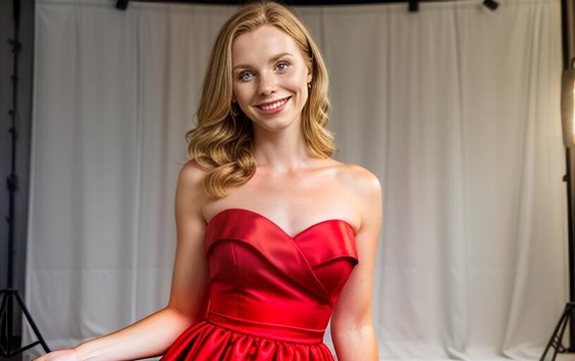 A beautiful smiling woman in a red strapless dress, counting her dollars