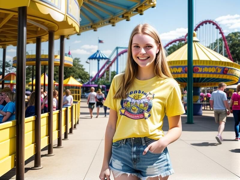 an amusement park, the face of a smiling young woman, beautiful breasts, yellow t-shirt, shorts, who walks in the main aisle.