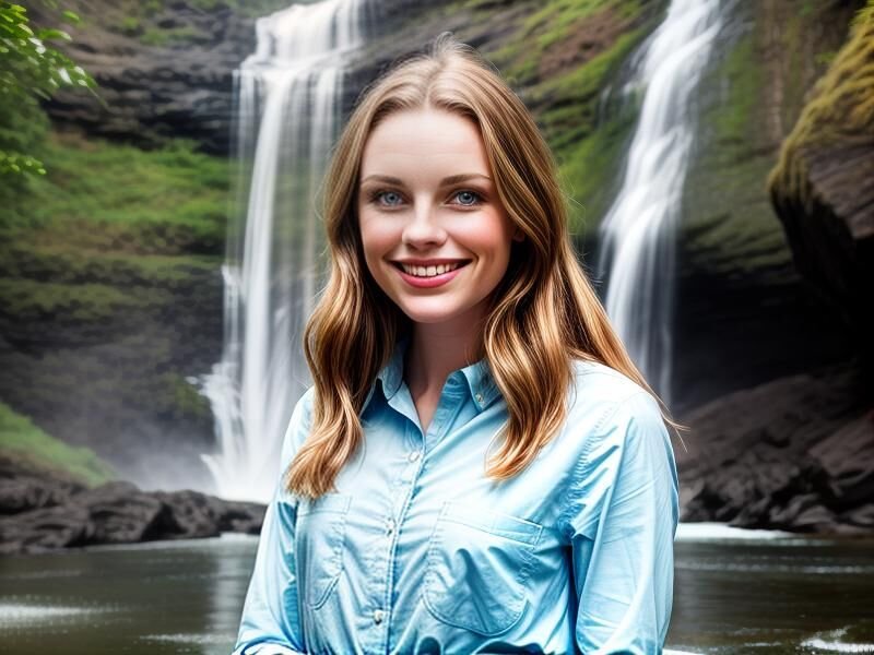 a waterfall, a beautiful smiling woman with green eyes dressed in blue