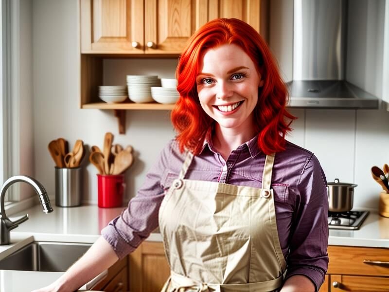 a kitchen, a beautiful smiling woman with red hair and big breasts wearing an apron