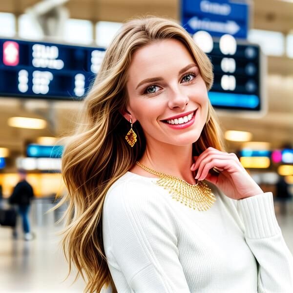 an airport, a beautiful smiling woman, dressed in expensive clothes and precious jewelry