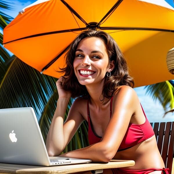 a beach, face of a beautiful smiling tanned woman, black hair, beautiful breasts in a two-piece swimsuit with red straps, sitting on a chair at a table under a parasol, using a laptop.